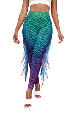 Nadanbao Colorful Mermaid Scale Print Fringe Leggings Women Fantasy Cosplay Pants Mid Waist Rave Party Tight Lady Fashion Bottom