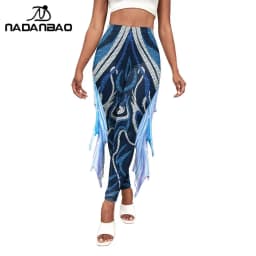 Nadanbao Colorful Mermaid Scale Print Fringe Leggings Women Fantasy Cosplay Pants Mid Waist Rave Party Tight Lady Fashion Bottom