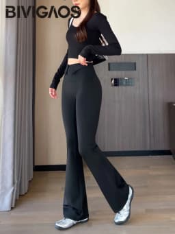 BIVIGAOS 2026 Spring Autumn New Waist Revers Collar Micro Flared Leggings Women's High Waist Casual Fashion Slim Trumpet Pants