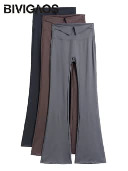 BIVIGAOS 2026 Spring Autumn New Waist Revers Collar Micro Flared Leggings Women's High Waist Casual Fashion Slim Trumpet Pants