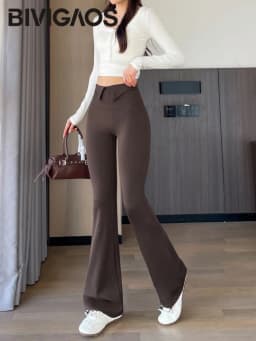 BIVIGAOS 2026 Spring Autumn New Waist Revers Collar Micro Flared Leggings Women's High Waist Casual Fashion Slim Trumpet Pants