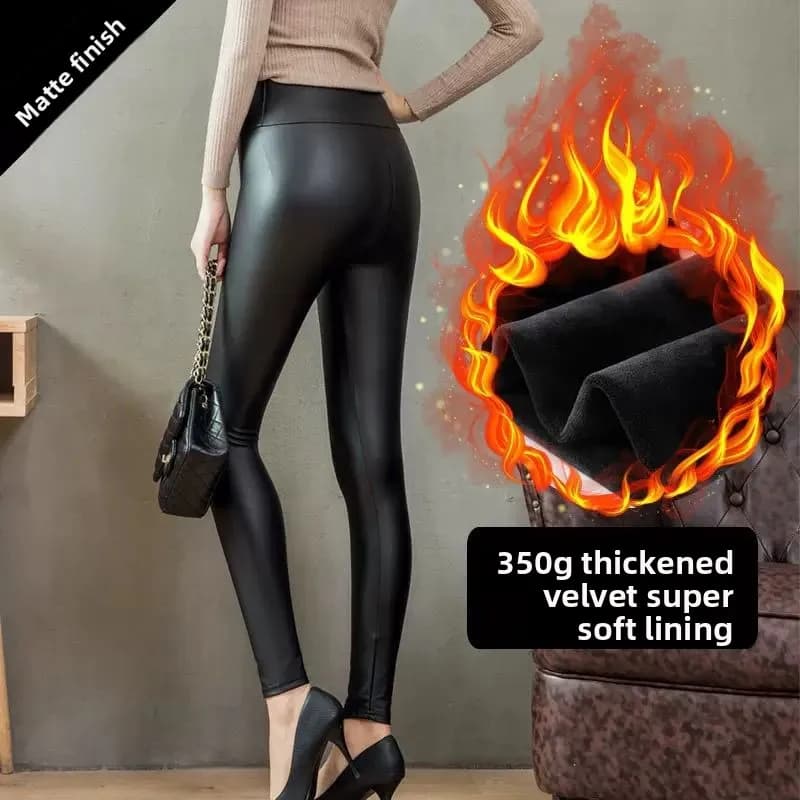 Fashion Women's PU Leather Pants Elastic High Waist Autumn/Winter Leggings Slim Velvet Leather Skinny Fleece Trousers Woman