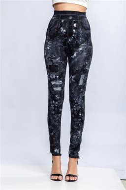 Women Print Imitation Denim Legggings Stretchy Slim Tights High Waist Hip Liftting Casul Pants Workout Running Gym Pants