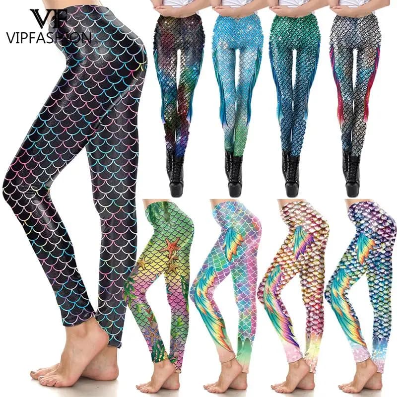 VIP FASHION Colorful Mermaid Leggings for Women High Waist Fish Scales Tights Skinny Spandex Trousers Push Up Running Pants