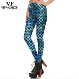VIP FASHION Colorful Mermaid Leggings for Women High Waist Fish Scales Tights Skinny Spandex Trousers Push Up Running Pants