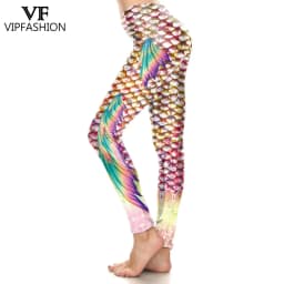 VIP FASHION Colorful Mermaid Leggings for Women High Waist Fish Scales Tights Skinny Spandex Trousers Push Up Running Pants