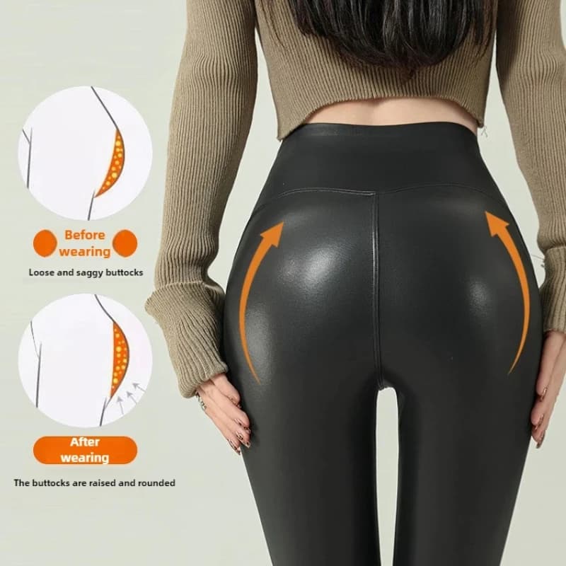 2024 Fall Winter High-Grade Fleece PU Leather Leggings Women High Waist Hip Lift Tight Sexy Faux Leather Warm Leggings