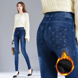 Faux Denim Leggins Fleece Faux Jeans Trousers Push Up Elastic High Waist Women Leggings Sports Pants Warm Plush Pencil Pants