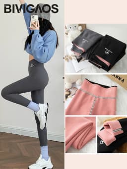 BIVIGAOS Autumn Winter Pink Velvet Shark Leggings Women Fleece High Waist Thick Warm Leggings Gray Casual Sports Yoga Leggings