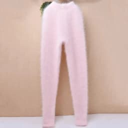 Ladies Women Fashion Sweet Pink Angora Rabbit Hair Knitted Warm Soft Autumn Winter Underwear High‑waisted Thermal Pants Trousers