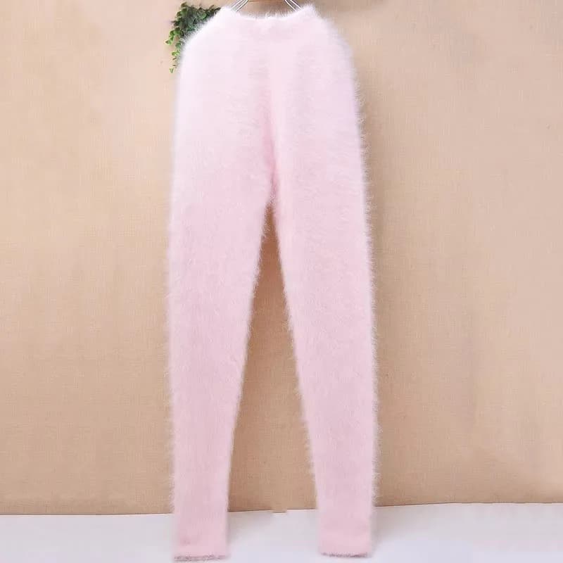 Ladies Women Fashion Sweet Pink Angora Rabbit Hair Knitted Warm Soft Autumn Winter Underwear High‑waisted Thermal Pants Trousers