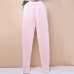Ladies Women Fashion Sweet Pink Angora Rabbit Hair Knitted Warm Soft Autumn Winter Underwear High‑waisted Thermal Pants Trousers