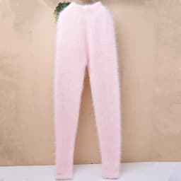 Ladies Women Fashion Sweet Pink Angora Rabbit Hair Knitted Warm Soft Autumn Winter Underwear High‑waisted Thermal Pants Trousers