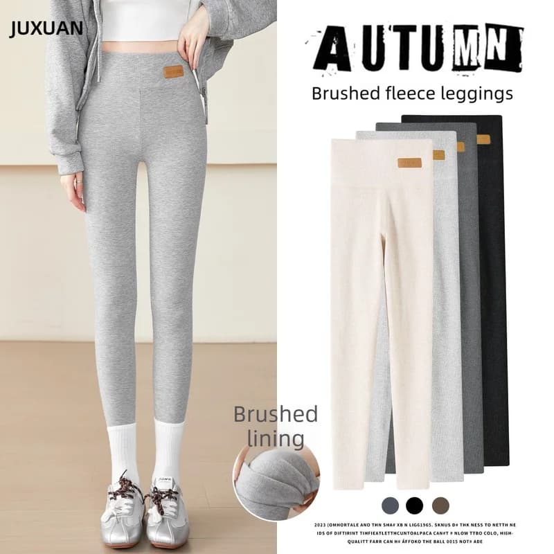 Brushed Ribbed Leggings for Women Tummy Control Butt Lift High Waist Grey Thermal Pants Winter Warm Cotton Base Layer Tights