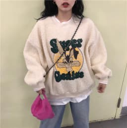 Women's Fleece Lined Thickened Lamb Fur Sweatshirt Casual Loose plus Size Korean Style Outerwear Autumn Winter Fashion Trend