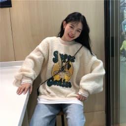 Women's Fleece Lined Thickened Lamb Fur Sweatshirt Casual Loose plus Size Korean Style Outerwear Autumn Winter Fashion Trend