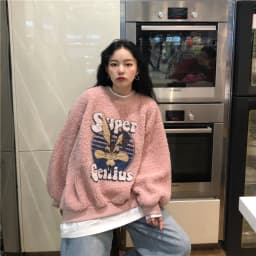 Women's Fleece Lined Thickened Lamb Fur Sweatshirt Casual Loose plus Size Korean Style Outerwear Autumn Winter Fashion Trend
