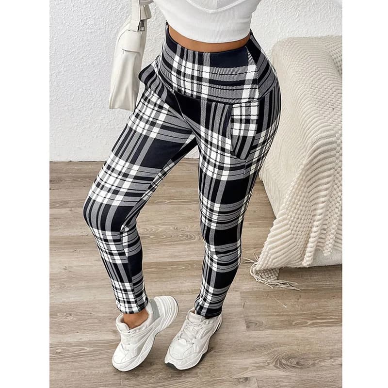 Tight Elastic Sports Fitness Leggings Women Vintage Plaid Printed with Pockets Fleece Leggings Thicken Fall Winter Thermal Pants