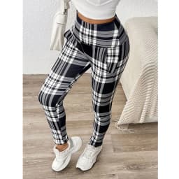 Tight Elastic Sports Fitness Leggings Women Vintage Plaid Printed with Pockets Fleece Leggings Thicken Fall Winter Thermal Pants