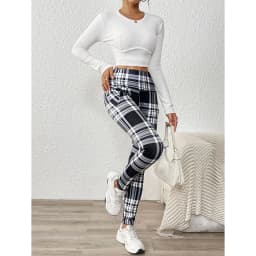 Tight Elastic Sports Fitness Leggings Women Vintage Plaid Printed with Pockets Fleece Leggings Thicken Fall Winter Thermal Pants