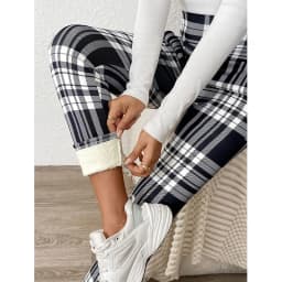 Tight Elastic Sports Fitness Leggings Women Vintage Plaid Printed with Pockets Fleece Leggings Thicken Fall Winter Thermal Pants