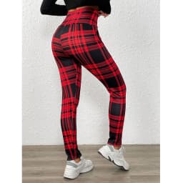 Tight Elastic Sports Fitness Leggings Women Vintage Plaid Printed with Pockets Fleece Leggings Thicken Fall Winter Thermal Pants