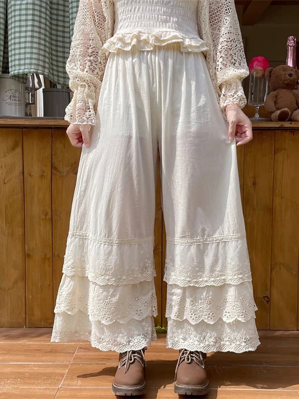 Lace Splicing Wide Leg Pants Women's Base Layer Pants Spring Summer Artistic Lady Underpants Trousers