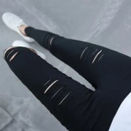 Black High-Waist Hole Design Thin Base Layer Pants Women's Outerwear Tight Fit Ankle-Length Slimming Nine-Piece Small Black P...