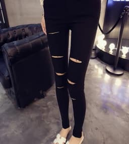 Black High-Waist Hole Design Thin Base Layer Pants Women's Outerwear Tight Fit Ankle-Length Slimming Nine-Piece Small Black P...