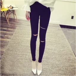 Black High-Waist Hole Design Thin Base Layer Pants Women's Outerwear Tight Fit Ankle-Length Slimming Nine-Piece Small Black P...