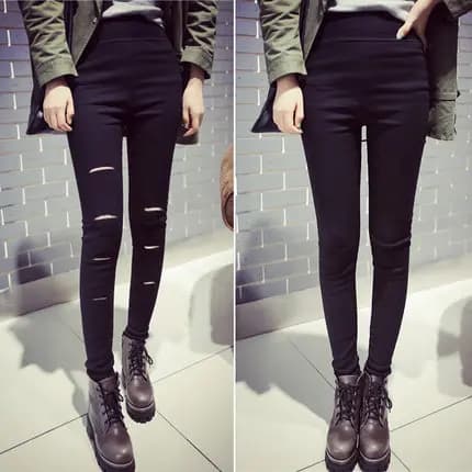 Black High-Waist Hole Design Thin Base Layer Pants Women's Outerwear Tight Fit Ankle-Length Slimming Nine-Piece Small Black P...