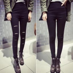 Black High-Waist Hole Design Thin Base Layer Pants Women's Outerwear Tight Fit Ankle-Length Slimming Nine-Piece Small Black P...