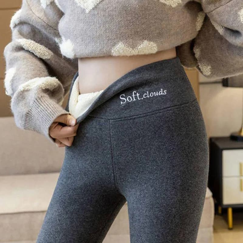 Embroidered Thick Fleece Leggings Women Thermal Pants High Waist Elastic Solid Color Slim Winter Seamless Casual Tights Leggings