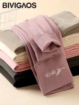 BIVIGAOS Embroidered High Waist Self-Heating Leggings Women Fall Winter Thermal Long Johns DE Velvet Double Sided Fleece Legging