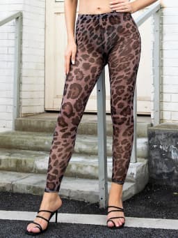 Leopard Print Mesh See-through Nine Point Pants Europe And The United States Summer Sexy Breathable Slim Yoga Leggings