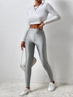 New European-style Gray Glossy Leggings High-waisted Solid Color Nine-point Pants Fashion High-stretch Waist Tight Leg Pants