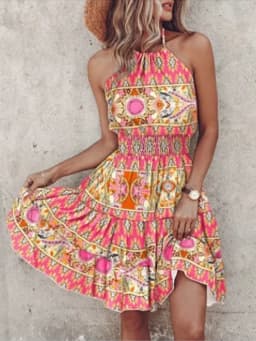 Bohemian Sleeveless Mini Dress Female Sexy Suspender Painted Printed Dresses Women's Beach Vacation Summer Robe