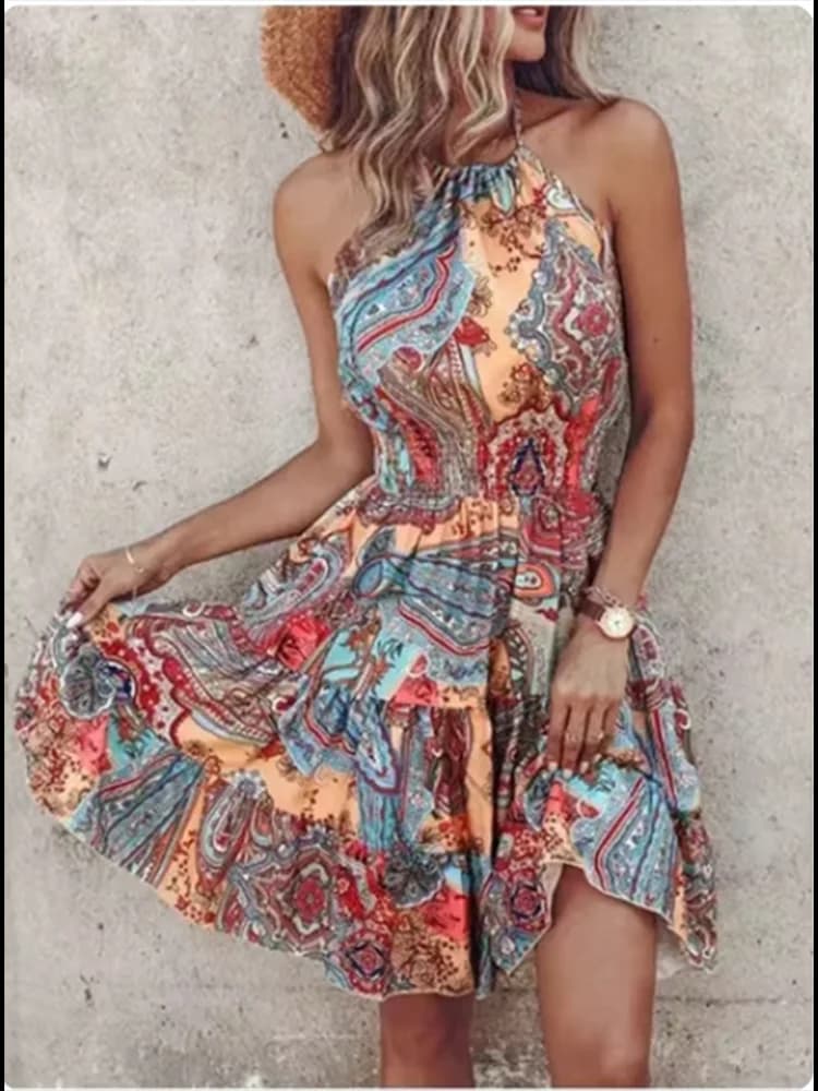 Bohemian Sleeveless Mini Dress Female Sexy Suspender Painted Printed Dresses Women's Beach Vacation Summer Robe
