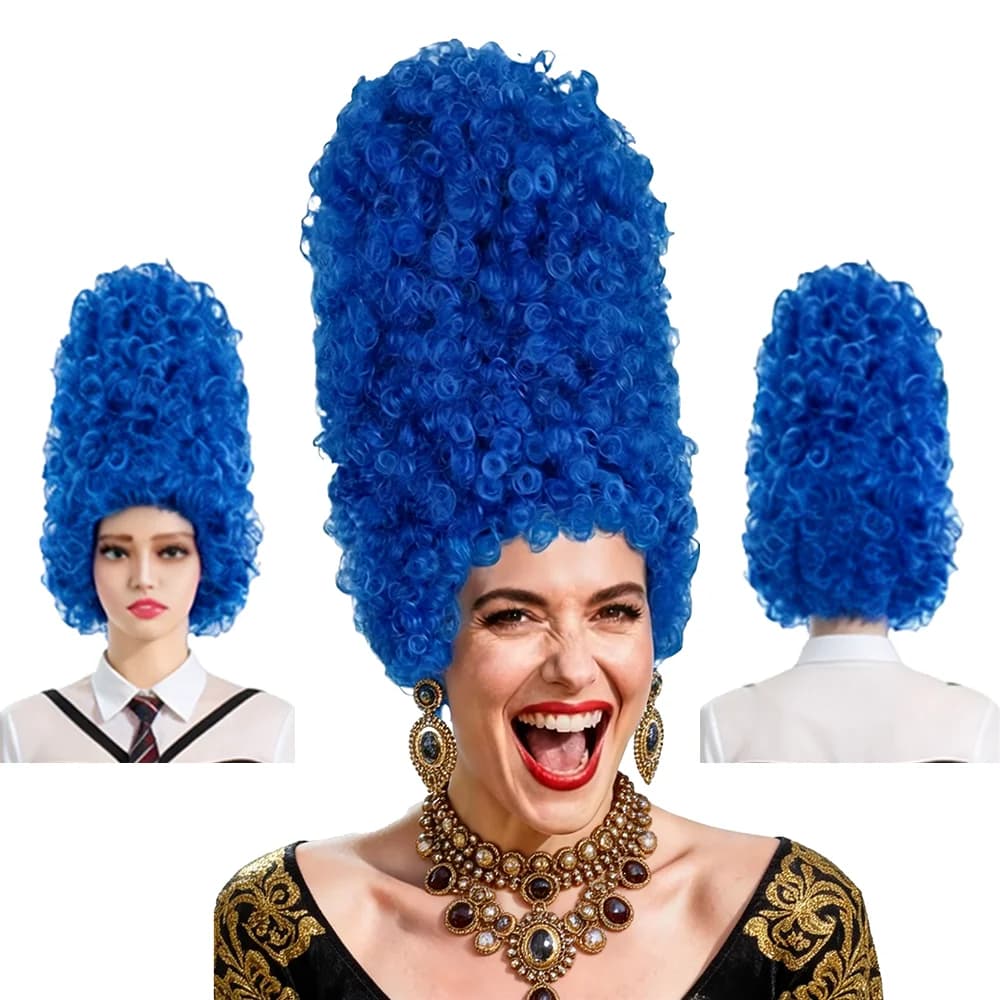 Anime Cos Blue Tall Tube Afro Wig Marge Simpson Same Style Beehive Hair High Temperature Fiber Wig For Halloween Party Role Play