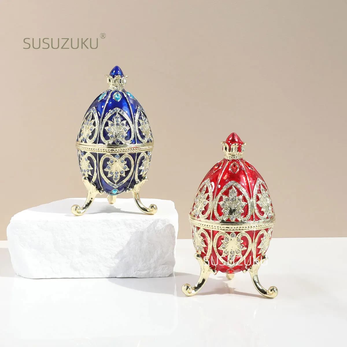 1Pc Hand Painted Enameled Red Faberge Egg Style Decorative Trinket Box Hinged Unique Gift for Family