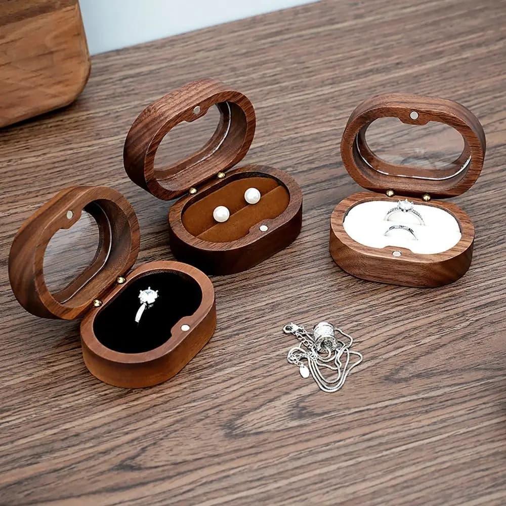 Oval Wooden Jewelry Box Ladies Lover Ring Display Box Engagement Wedding Couples Ring Storage Holder Love Gift Bead Case