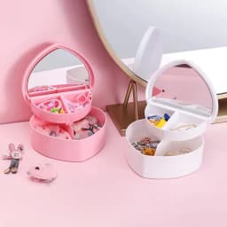 Girls Heart Jewelry Storage Box With Mirror Pink White Plastic Bracelets Hair Band Organizer Girl's Drawer Desk Jewelry Display