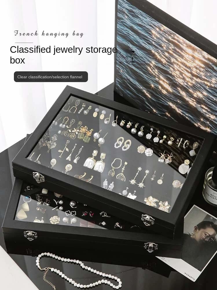 Stylish Black Jewelry Storage Box for Earrings, Necklaces, Rings, Bracelets and Other Accessories with Transparent Glass Cover