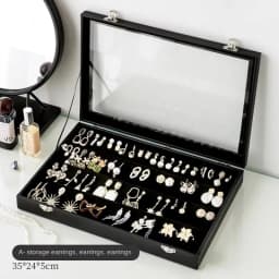 Stylish Black Jewelry Storage Box for Earrings, Necklaces, Rings, Bracelets and Other Accessories with Transparent Glass Cover