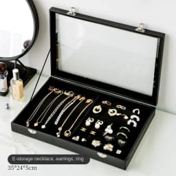 Stylish Black Jewelry Storage Box for Earrings, Necklaces, Rings, Bracelets and Other Accessories with Transparent Glass Cover