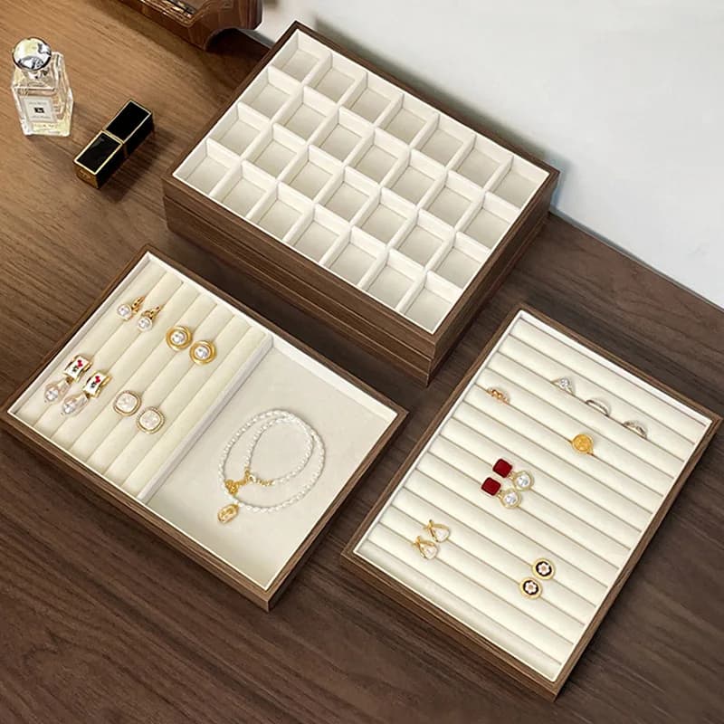 High-end Walnut Pattern Jewelry Tray Large Capacity Multi-grid Ring Necklace Stud Earrings Jewelry Storage Display Tray