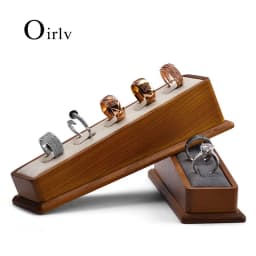 Oirlv 5 Grids Solid Wooden Ring Display Stand with Microfiber Jewelry Organizer Rack for Women and Men