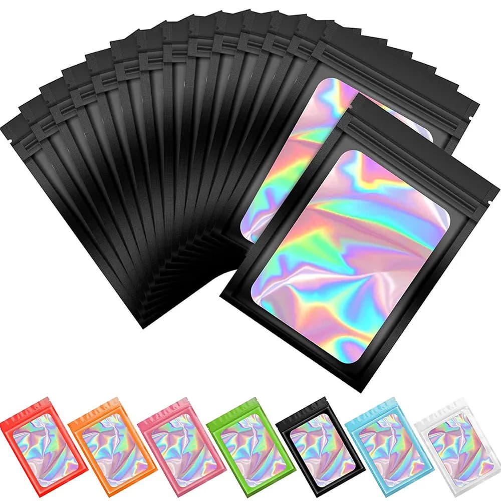 50Pcs Thick Smell Proof Mylar Bag Holographic Laser Color Plastic Packaging Pouch Jewelry Retail Storage Pouch Gift Zip Lock Bag