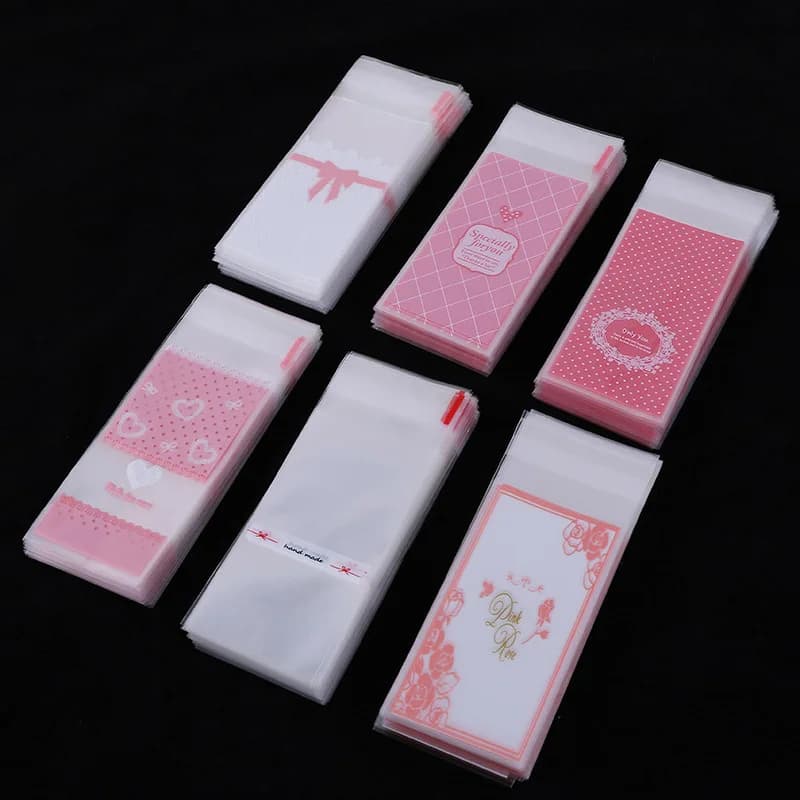 100pcs/lot Size 5*10+3cm Plastic Cookie Packaging Cupcake Wrapper Bags opp Self Adhesive gift bag For DIY candy Lipstick packag
