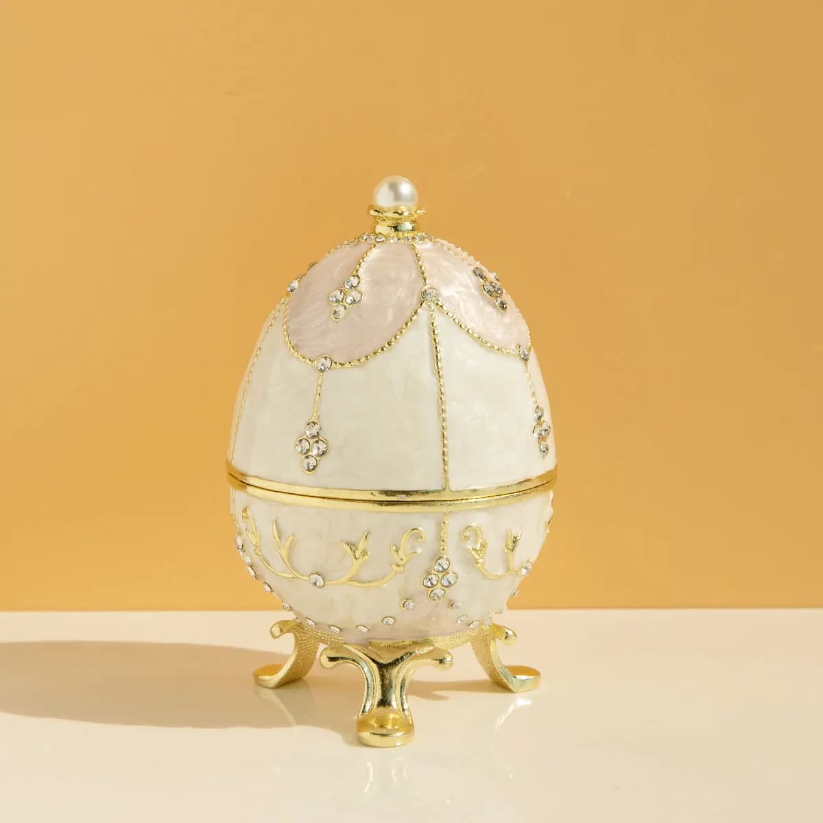 Hand Painted White Easter Egg Faberge Egg Jewelry Trinket Box Classic Ornaments Vintage Craft Gift for Home Decor